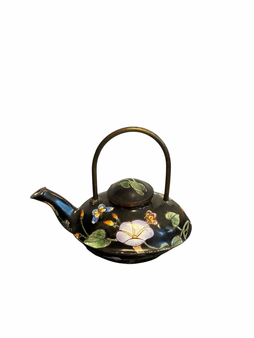 Vintage Black Floral Cloisonné-Style Decorative Mini Teapot Accent